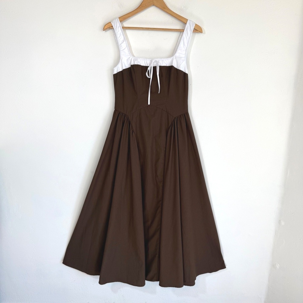 NWOT Moon River Corset Drop Waist Midi Dress M Brown White Prairie Milkmaid